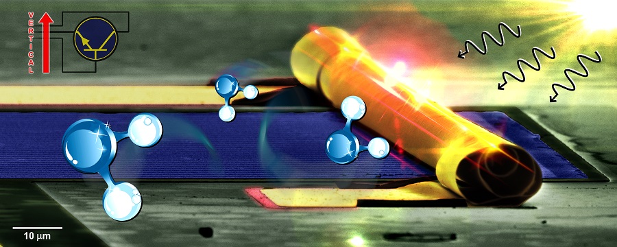 Imagem de microscopia eletrônica de varredura (colorida artificialmente) do transistor orgânico vertical baseado em nanomembrana enrolada (tons de amarelo). A radiação incidente e as moléculas de água (artificialmente colocadas) ilustram as características de sensibilidade múltipla do novo dispositivo eletrônico.