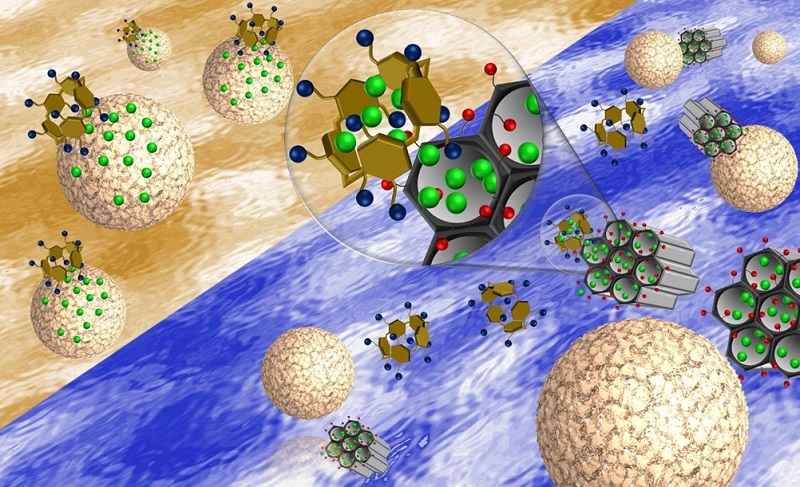 O destaque desta figura mostra um zoom da nanomáquina carregada com o fármaco (bolinhas verdes), com um dos nanocanais do reservatório e a sua nanotampa fechada, impedindo a saída da droga.