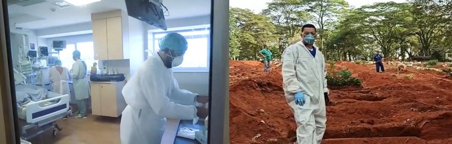Profissionais da saúde e sepultadores no Brasil trabalhando na pandemia de Covid-19.