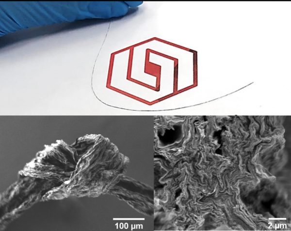 Three images of the microfibers obtained by the researchers from Brazilian institutions. Above, the photograph highlights the dimensions with the naked eye and the flexibility of a GO microfiber. Below, SEM images. On the left, a knot made of a microfiber, showing its flexibility. On the right, the cross section of a microfiber features the union of GO sheets that form the fiber.