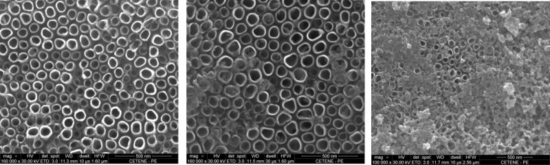 Nanotubos de dióxido de titânio sem pontos quânticos (esquerda), sensibilizados com pontos quânticos por 2 horas (centro) e por 72 horas (direita).
