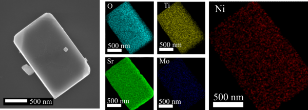 Microscopia Eletrônica de Varredura (MEV) do Mo:SrTiO3/NiO@Ni(OH)2 e mapeamento EDS.
