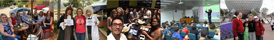 The scientist in some good moments of her day-to-day life: meeting of IFGW women professors (2018), participation in UNICAMP Open Doors in 2018, fraternization of the research group in 2018, lecture at a weeklong IFGW scientific dissemination event before UNICAMP closed because of the pandemic, and a family trip in 2010.